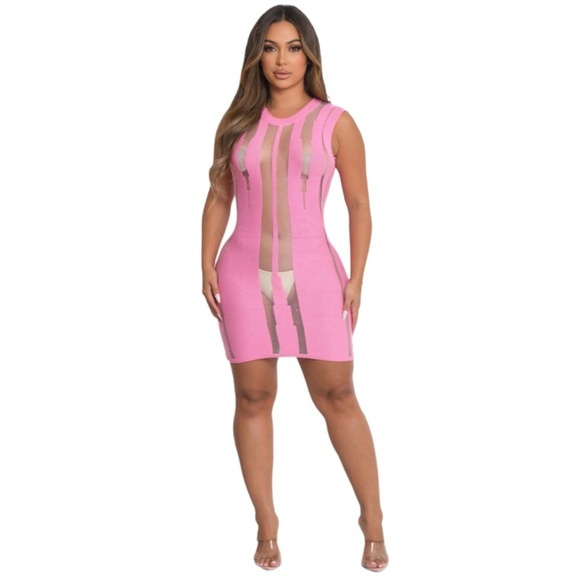 HANA • Pink Akari Sheer Sleeveless Bodycon Open Back Scoop Neck Mini Dress - Picture 2 of 8